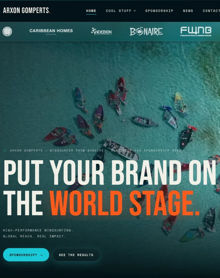 Arxon Gomperts homepage: “Put your brand on the world stage.” over an aerial shot of a windsurf race