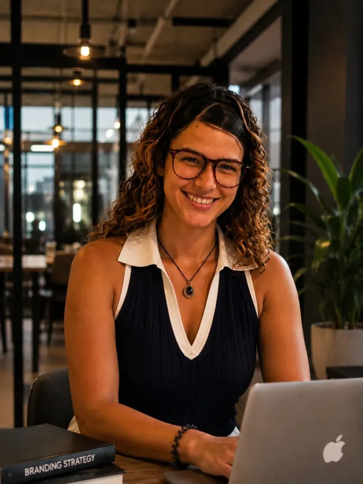 Monischa, founder of MOMADE, smiling at a desk with a laptop